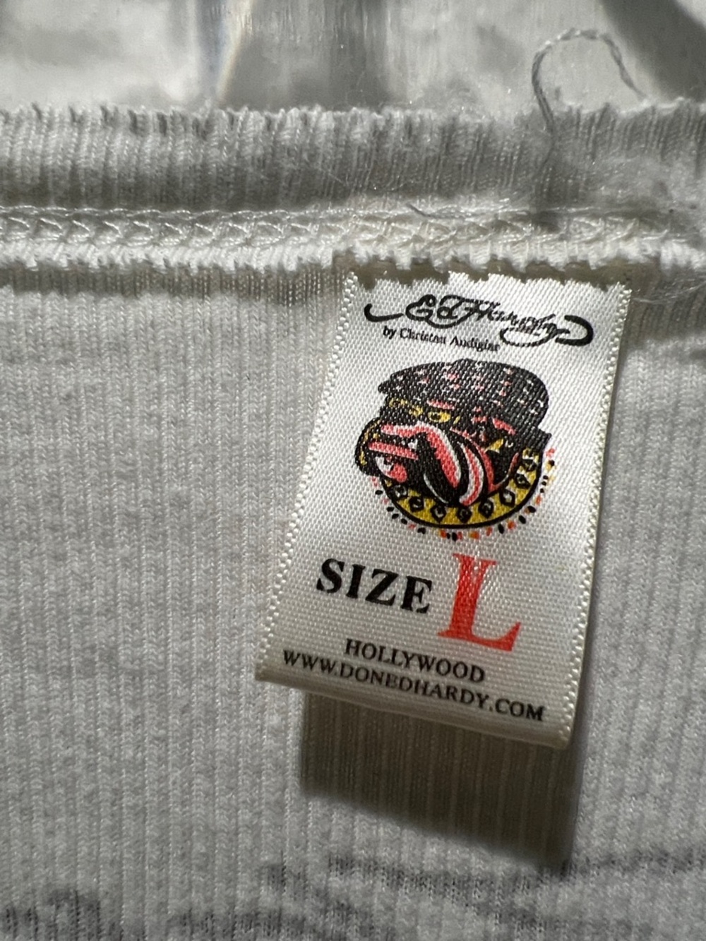 Ed Hardy White Long Sleeve V-Neck Top with Gold, Black and Red Graphics - Picture 2 of 9